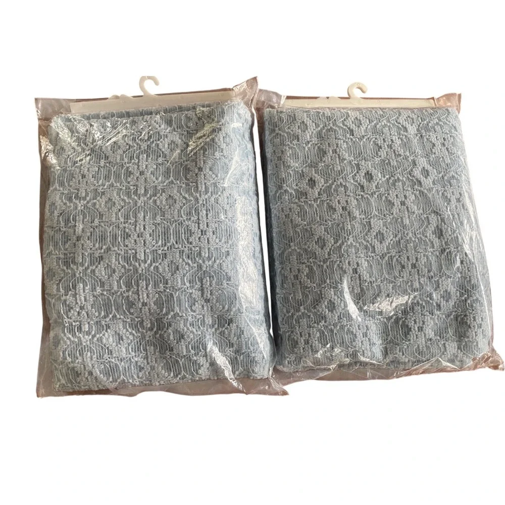 2 Vintage Beacon Looms Lacey Light Blue Lace Curtains 5pc Window in a Bag 60x63